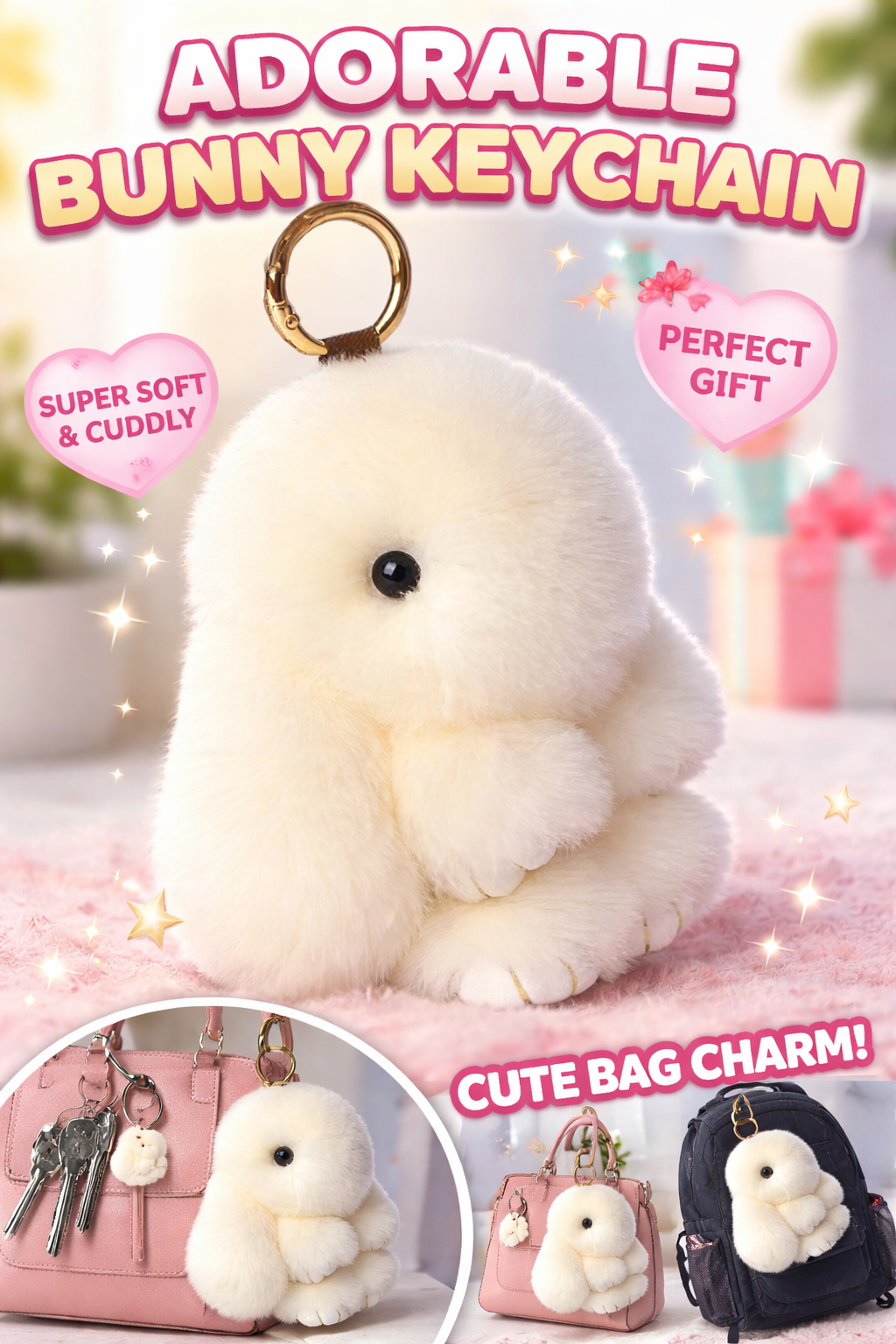 Cute Plush Bunny Keychain – Soft Fluffy Rabbit Bag Charm, Adorable Gift for Kids & Women