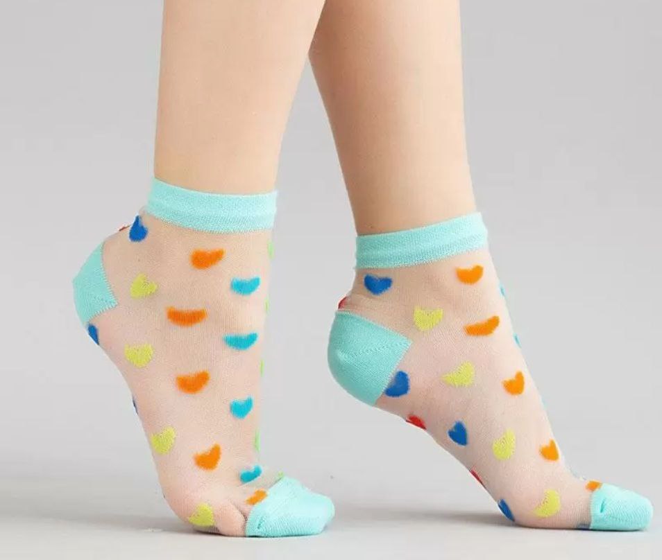 Капроновые носки с хлопковой вставкой в сердечки 💛🧡💙💚🩵