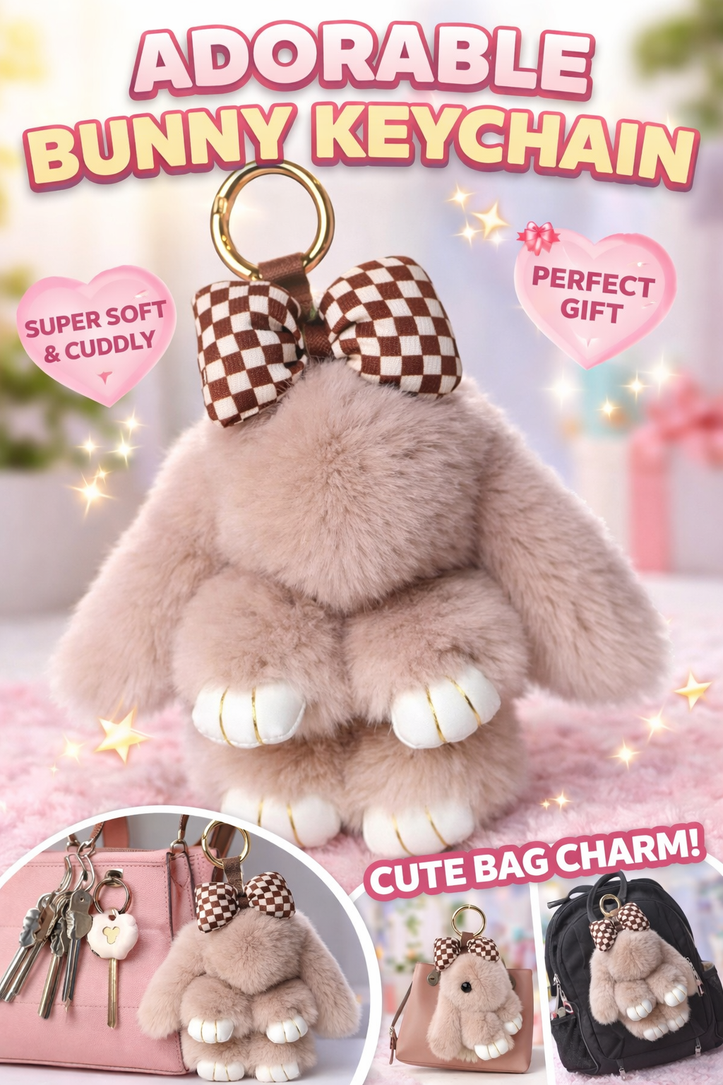 Bunny with bow Keychain with  – Soft Fluffy Rabbit Bag Charm, Adorable Gift for Kids & Women