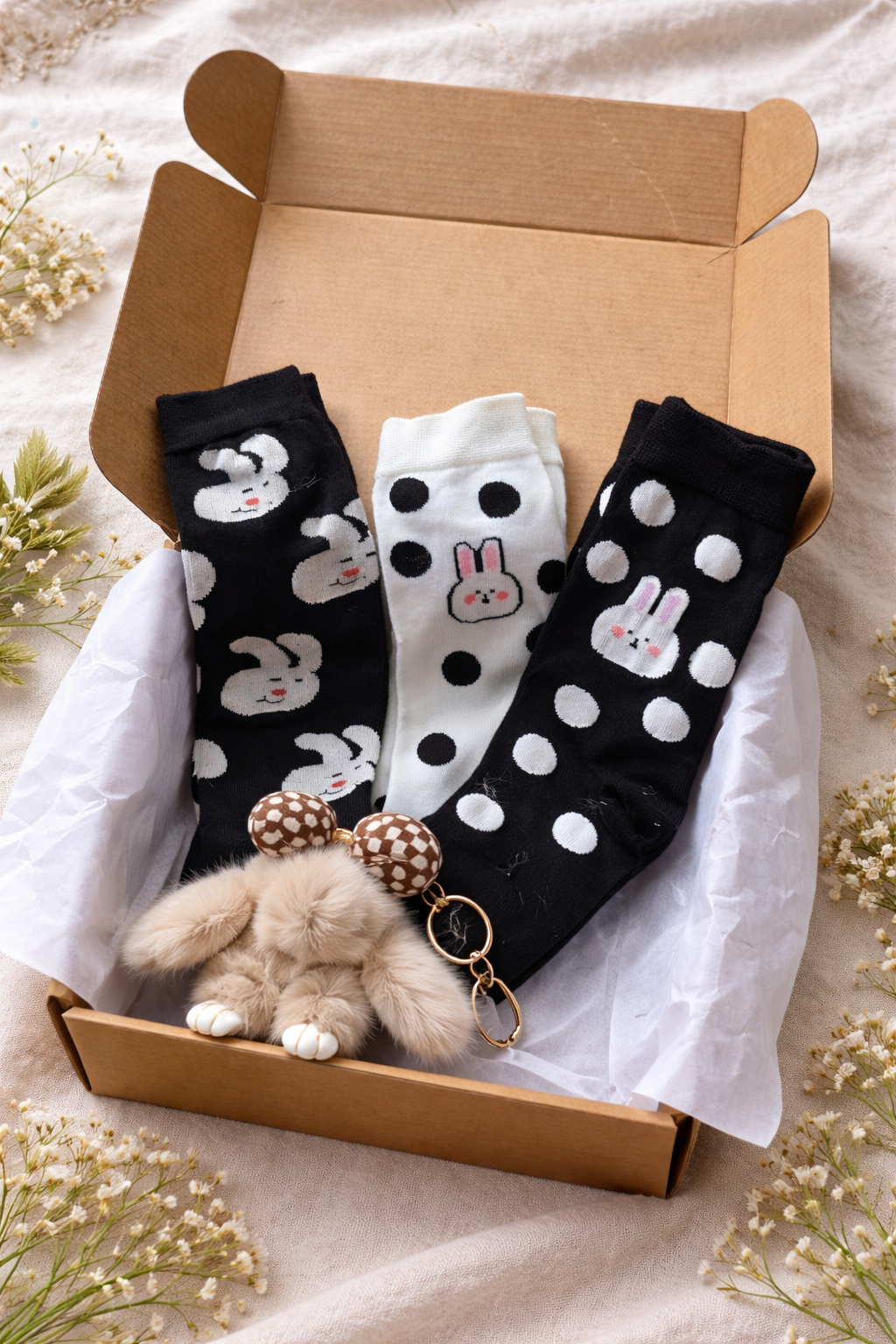 Bow Bunny Socks Gift Set + Keychain 🐰